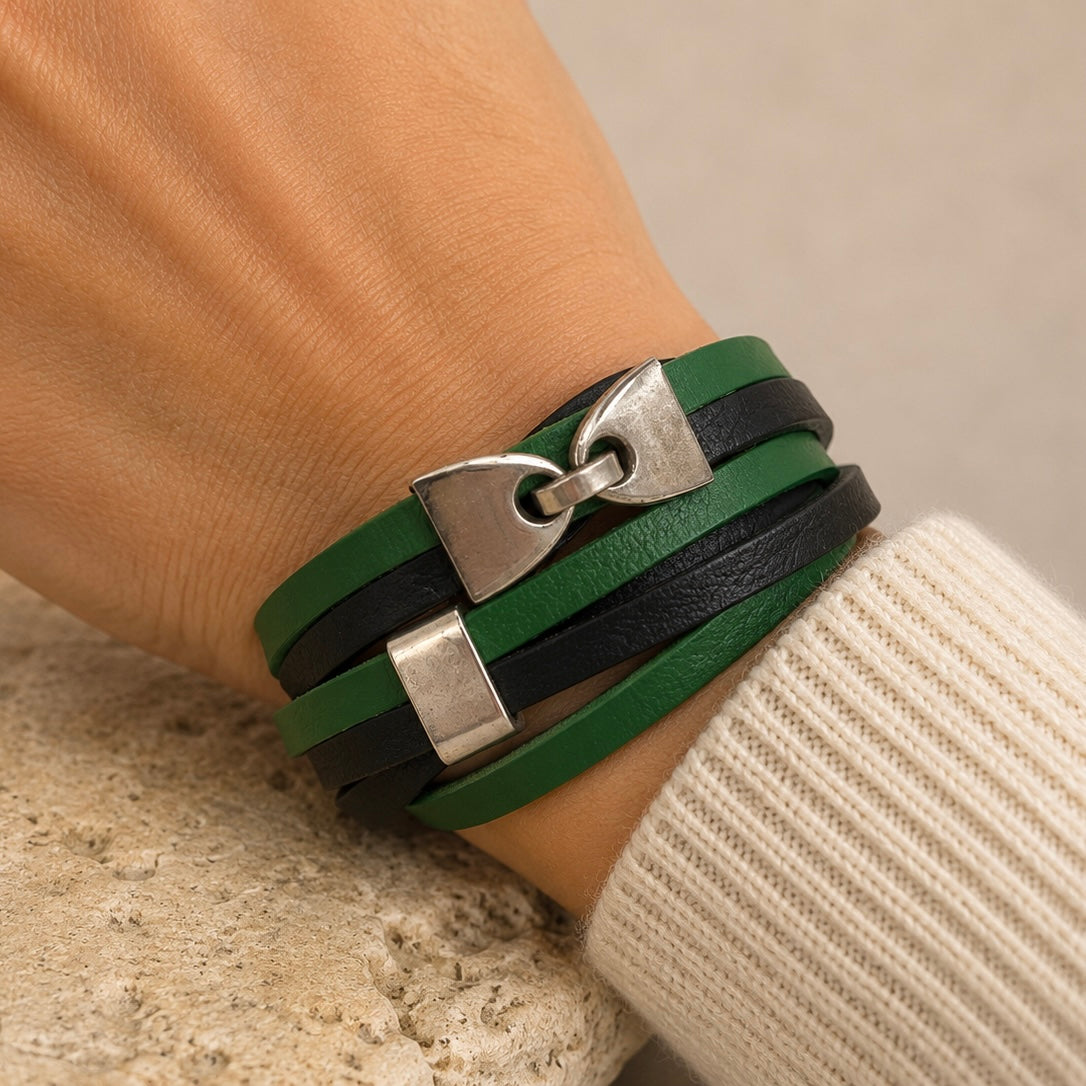 Triple Wrap Leather Bracelet - Green/Black