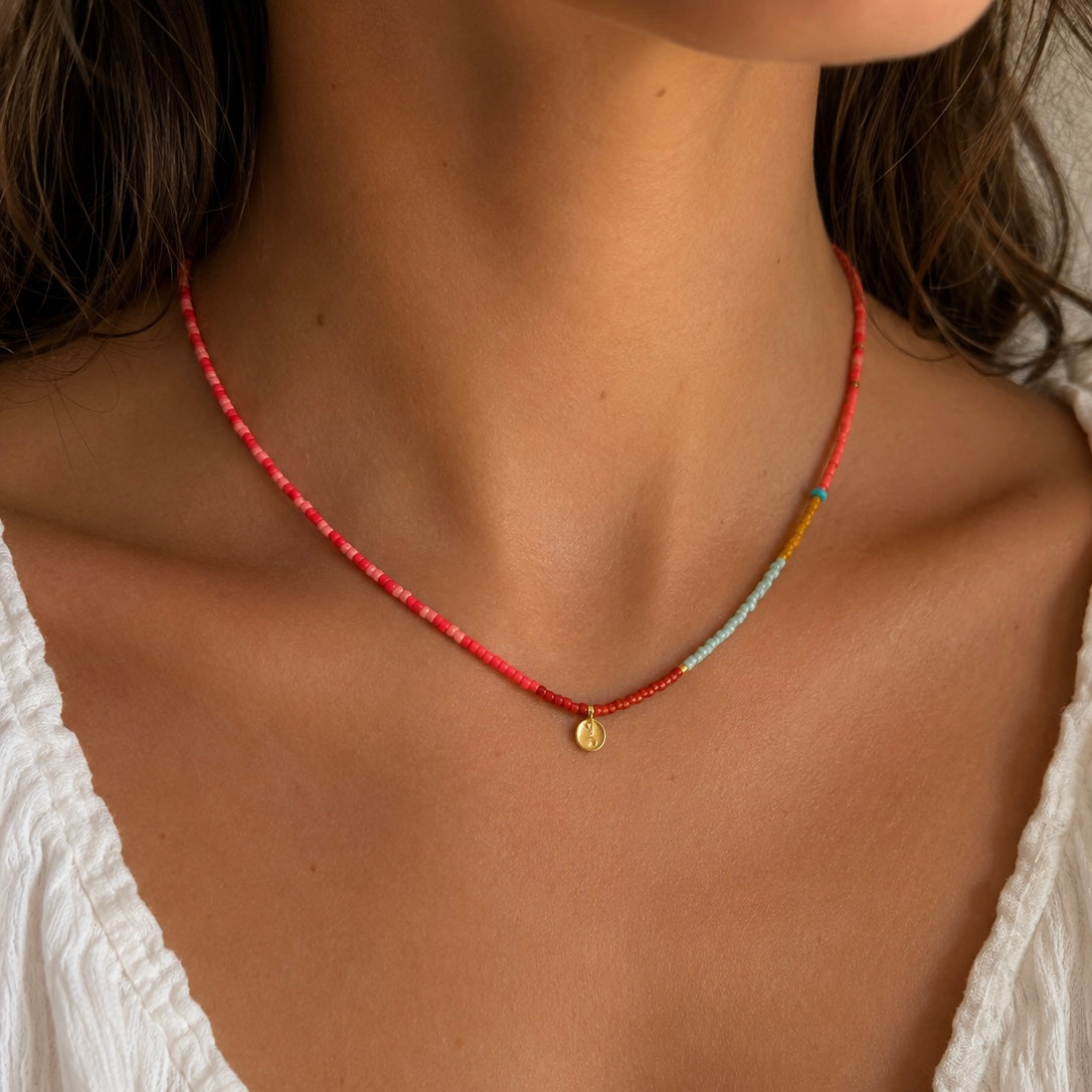 Beaded Colour Bloked Necklace- Red