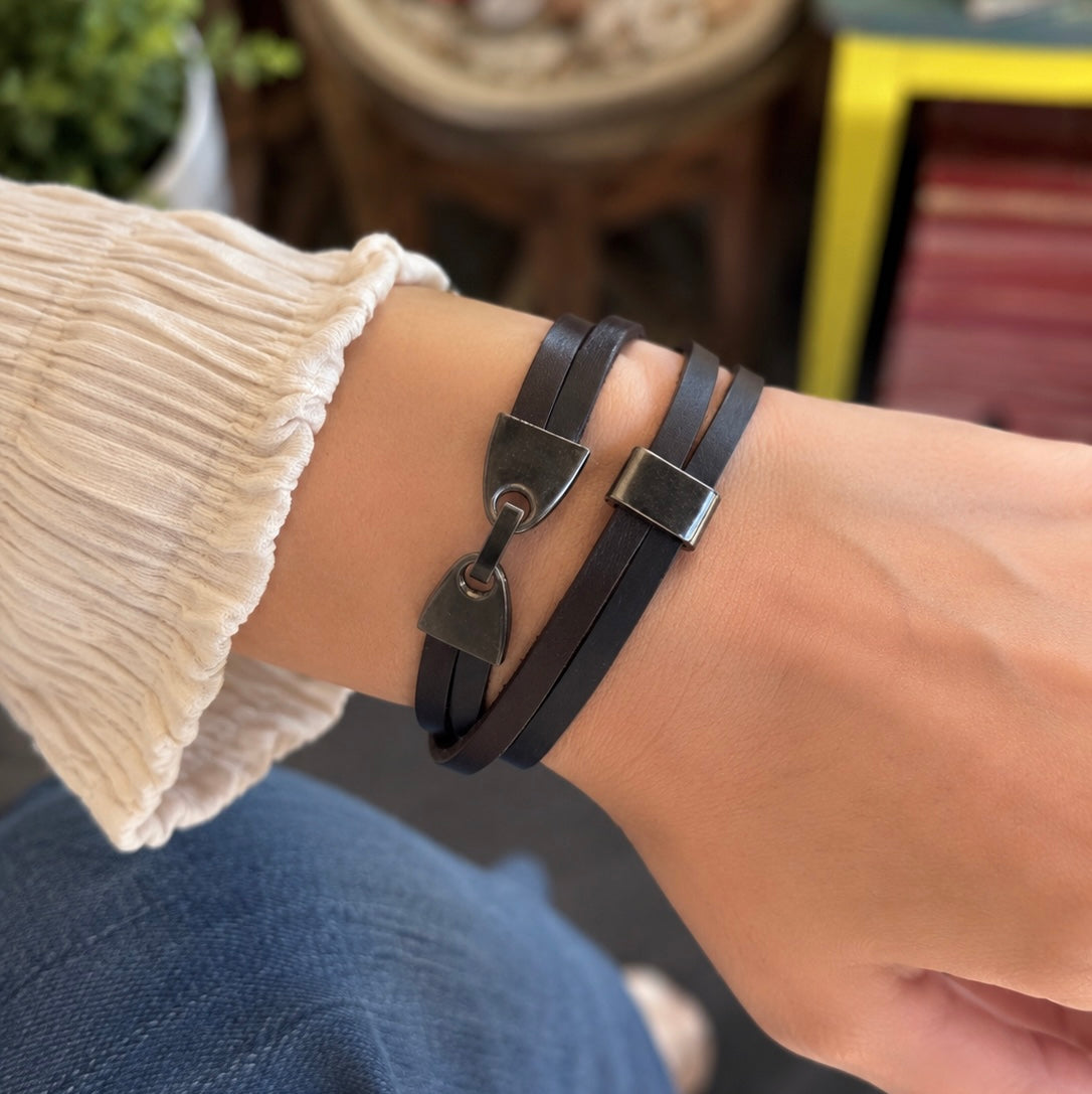 Double Wrap Leather Bracelet - Brown/Navy