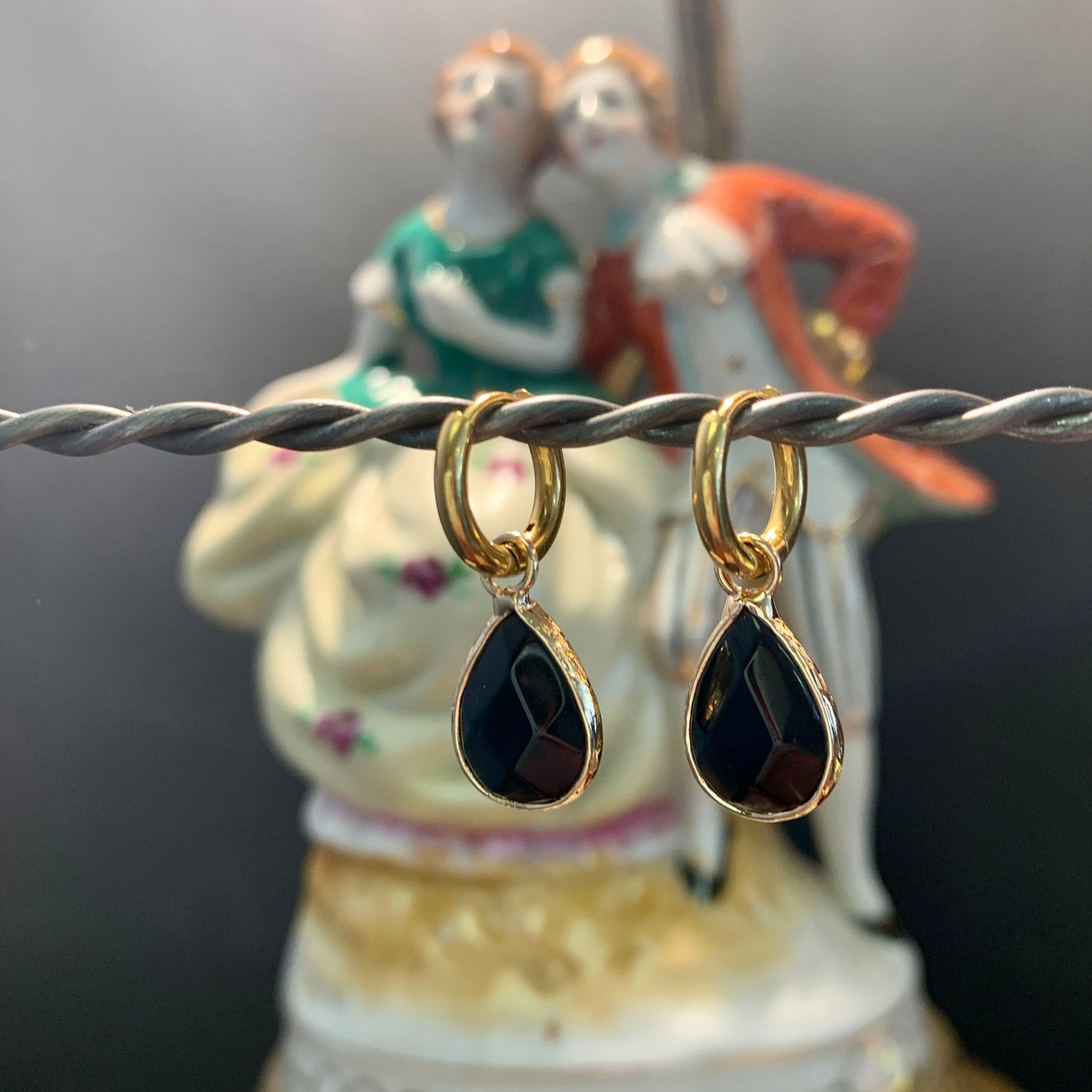 Small Hoop with Black Tear Drop Charm