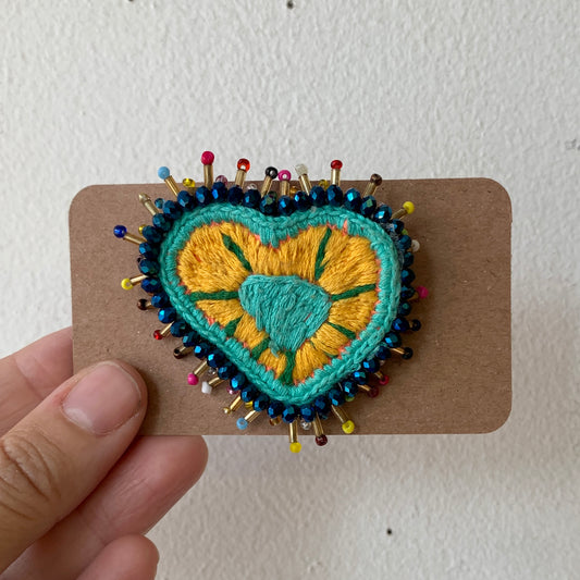 Embroidered/Beaded Brooch - Teal Heart