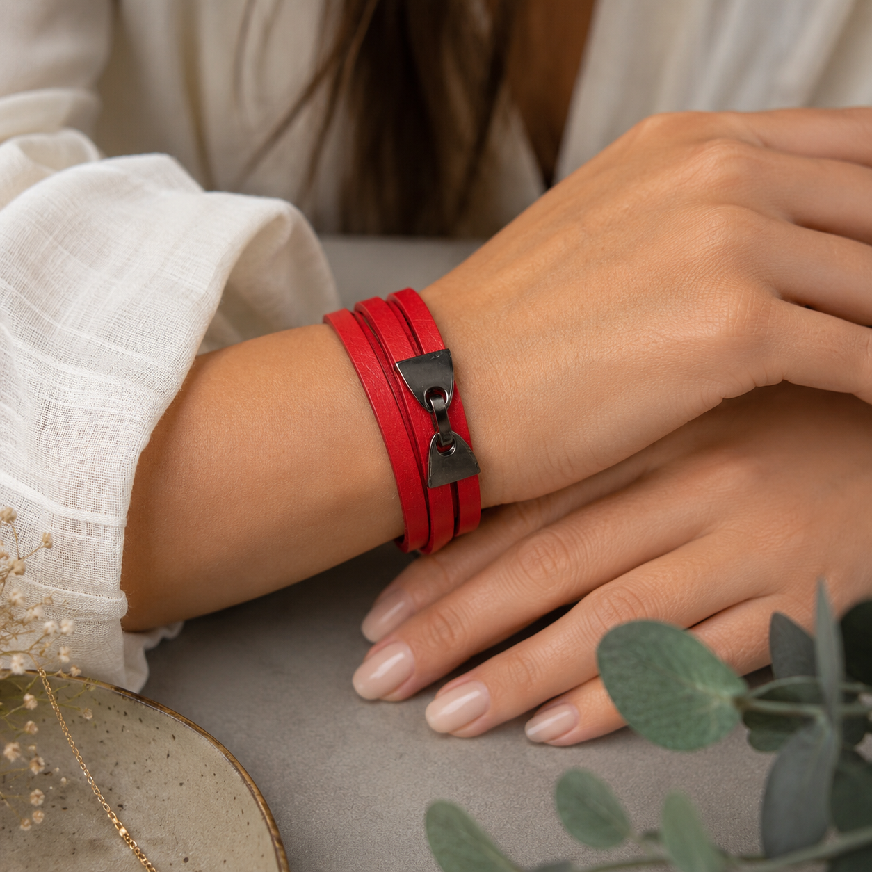 Triple Wrap Leather Bracelet - Red