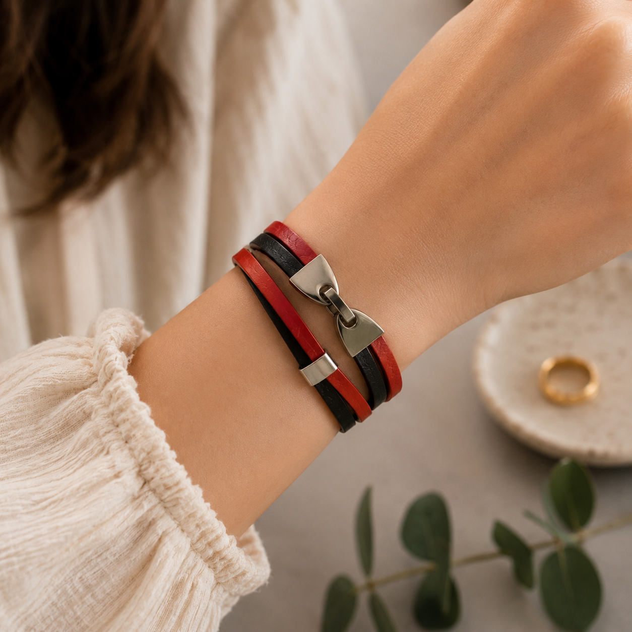 Double Wrap Leather Bracelet - Red/Navy