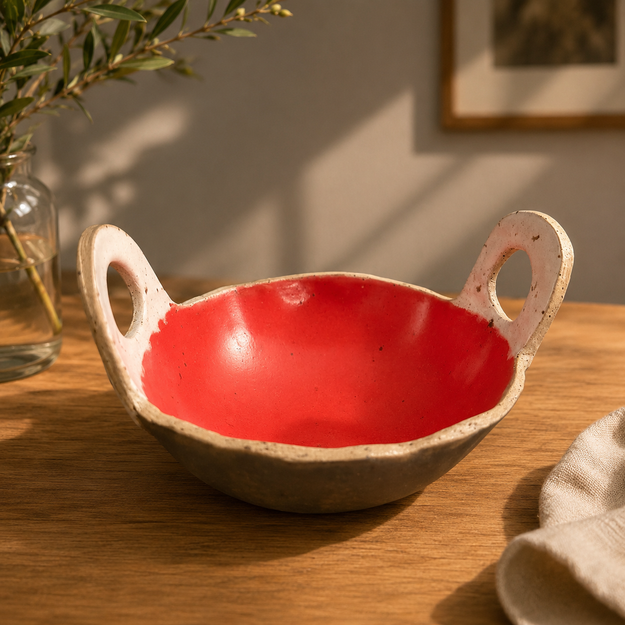 Coral Stoneware Bowl with Handles