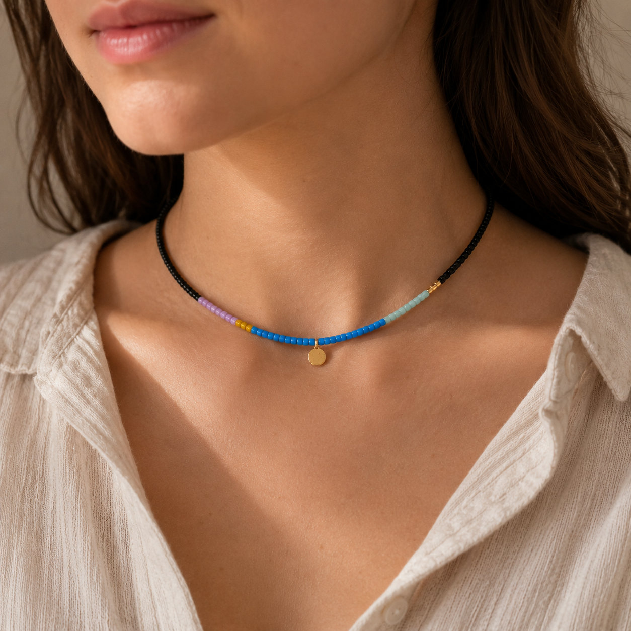 Beaded Colour Blocked Necklace - Blue