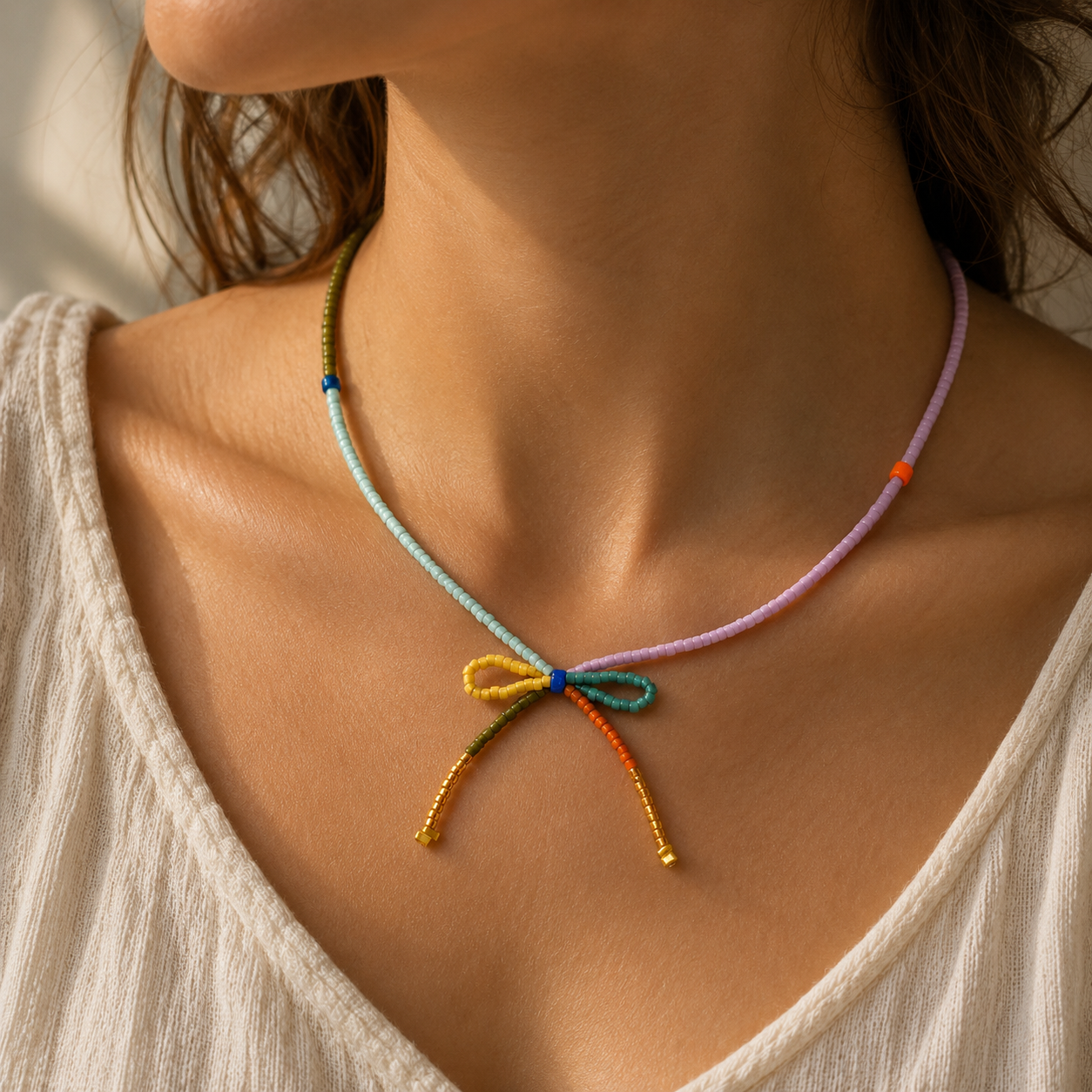 Beaded Bow Necklace - Multi Colour