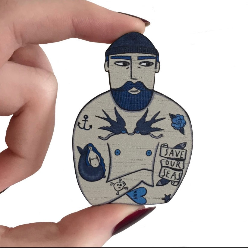 Tattooed Sailor Wooden Brooch