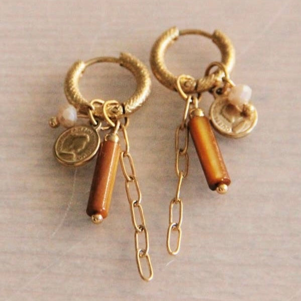 Small Hoop with Bead, Coin and Chain- Brown