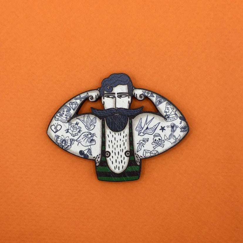 Circus Strong Man Wooden Brooch