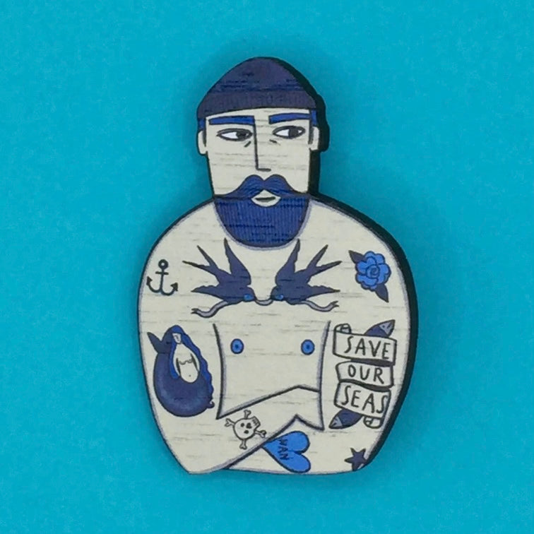 Tattooed Sailor Wooden Brooch