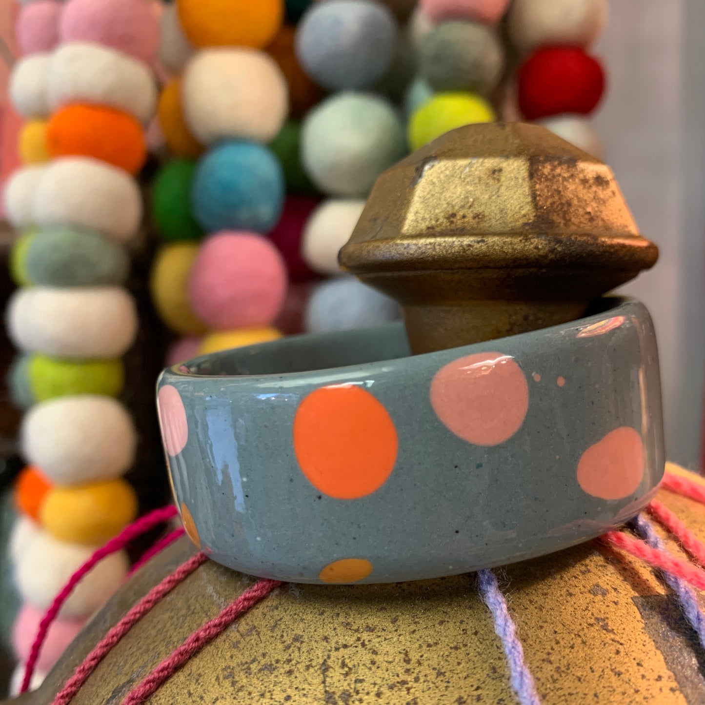 Hand Painted Porcelain Bangle - Grey/Pink/Orange
