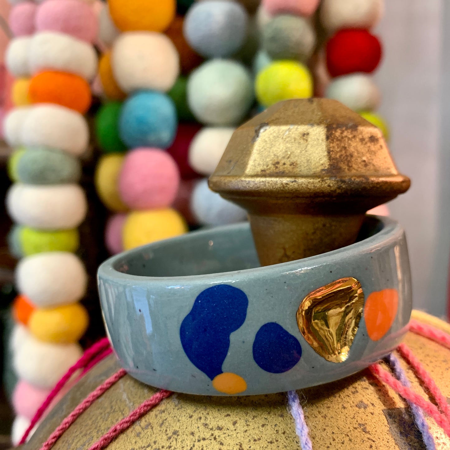 Hand Painted Porcelain Bangle - Grey/Blue/Coral/Gold
