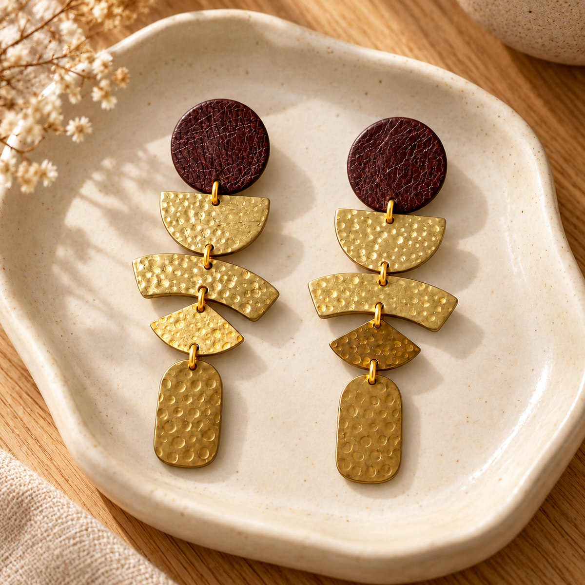 Ada - Sculptural Leather & Brass Drop Earrings