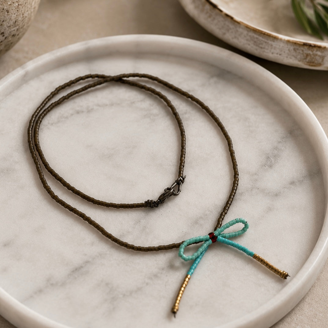 Beaded Bow Necklace - Turquoise