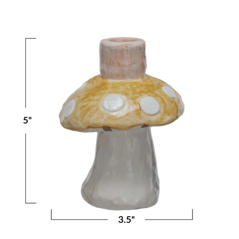 Hand Painted Stoneware Candle Holder - Mushroom