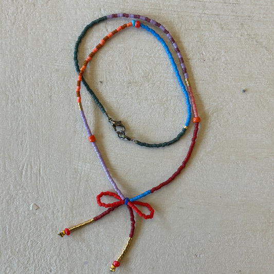 Beaded Bow Necklace - Red