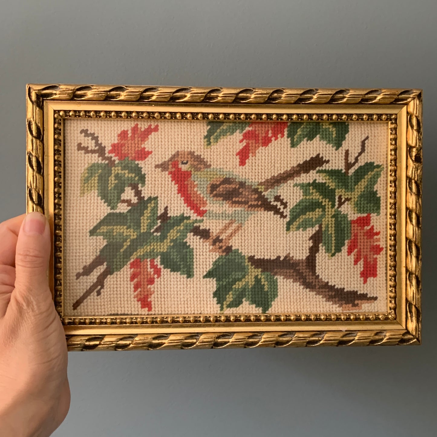 Vintage Framed Embroidery - Bird on a Branch - Red