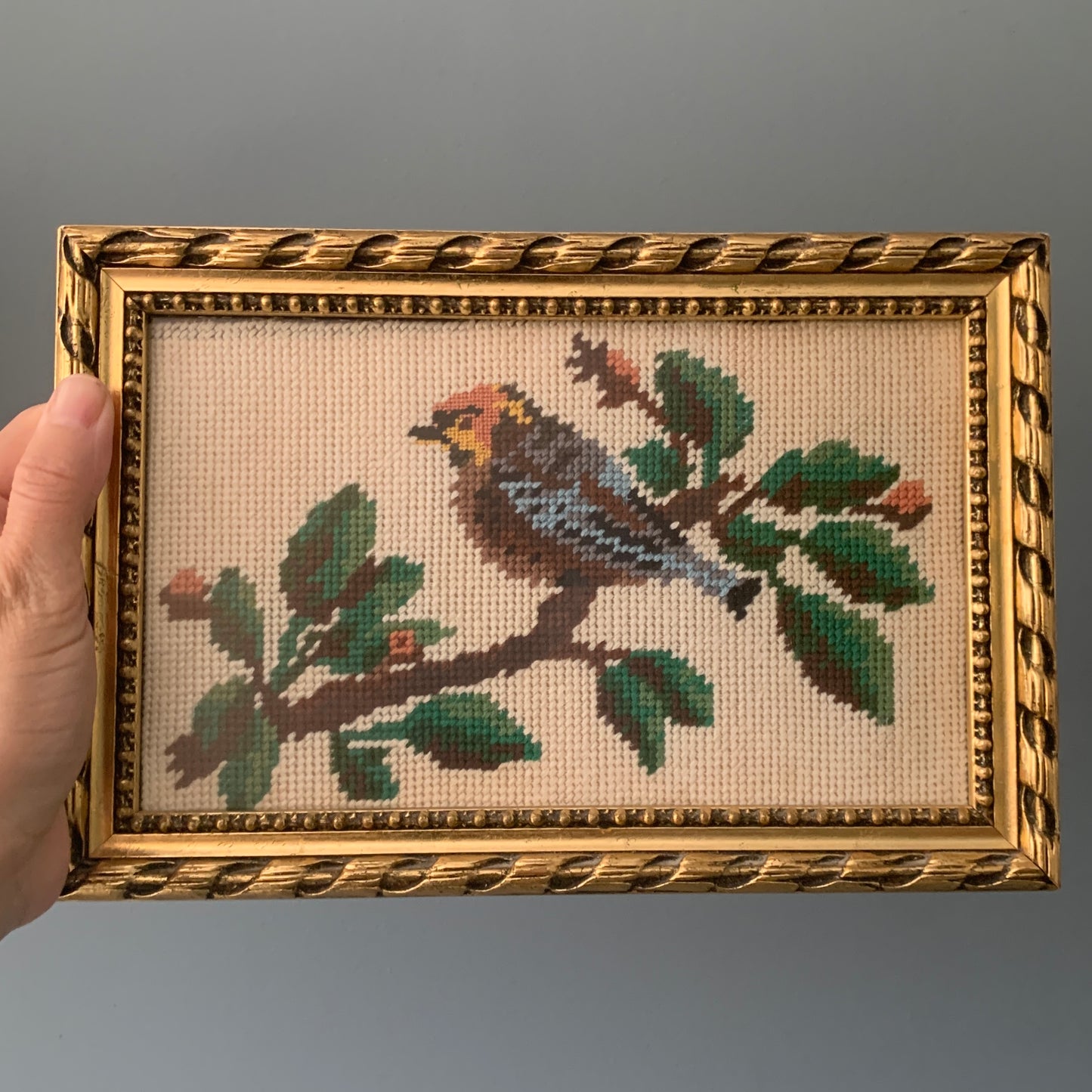 Vintage Framed Embroidery - Bird on a Branch - Blue