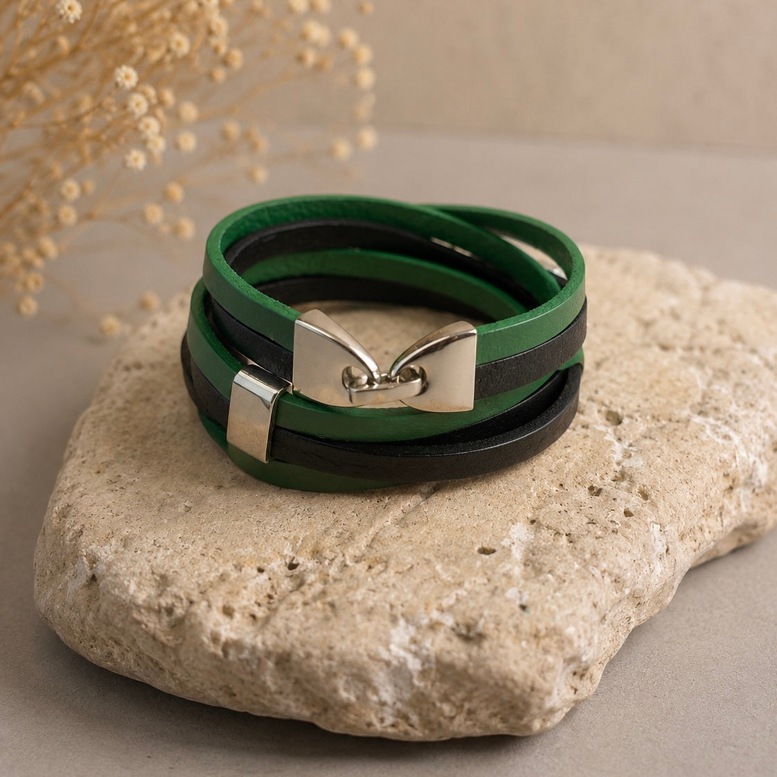 Triple Wrap Leather Bracelet - Green/Black