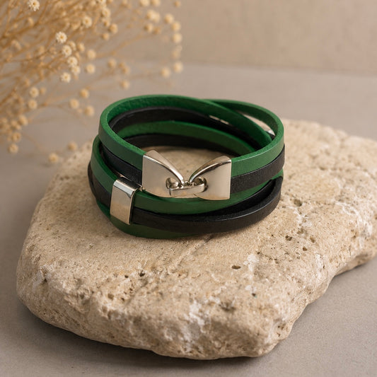 Triple Wrap Leather Bracelet - Green/Black