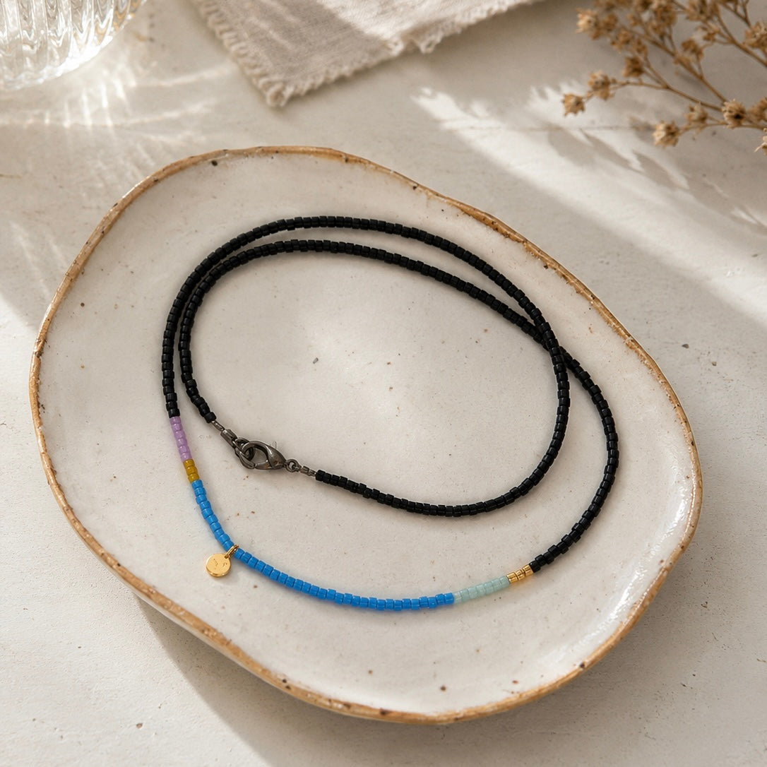 Beaded Colour Blocked Necklace - Blue