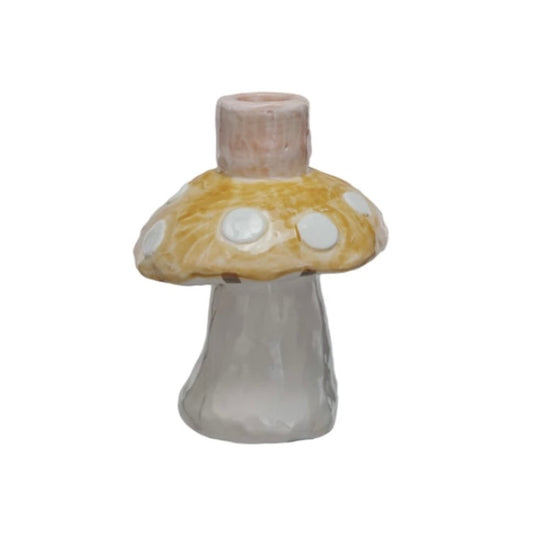 Hand Painted Stoneware Candle Holder - Mushroom