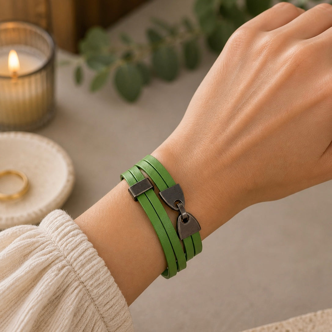 Double Wrap Leather Bracelet - Green