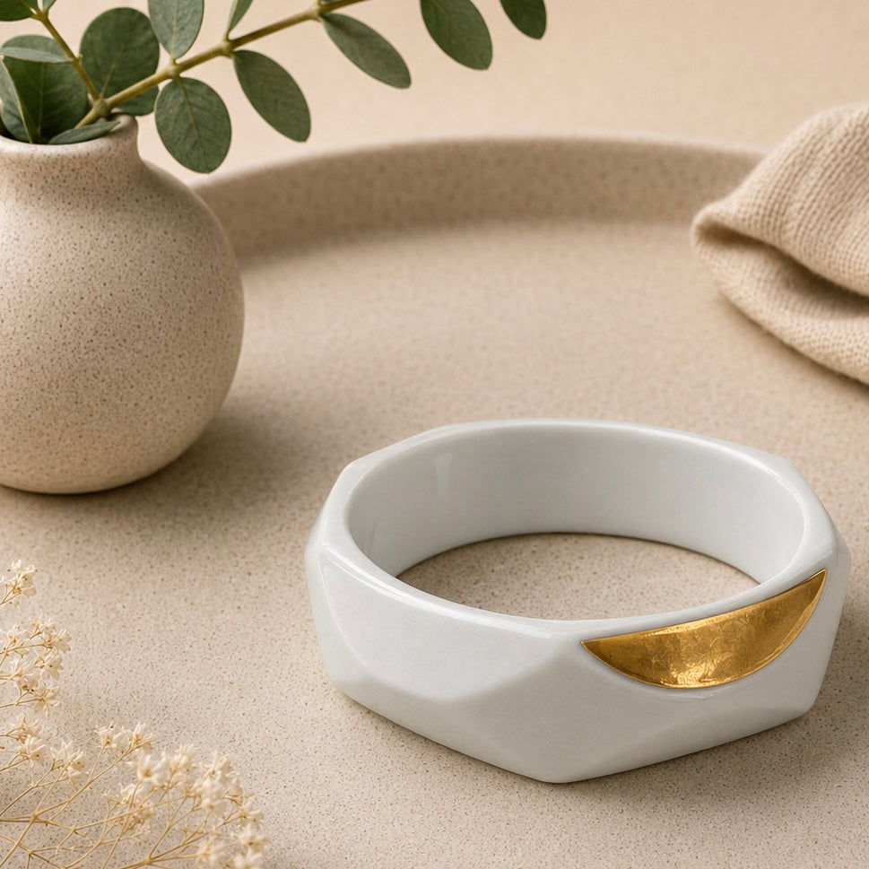 Hand Shaped Porcelain Bangle - Faceted/Grey/Gold