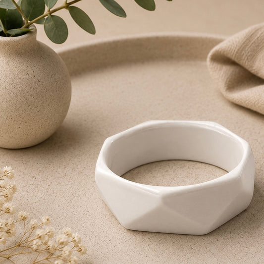 Hand Shaped Porcelain Bangle - Faceted/White