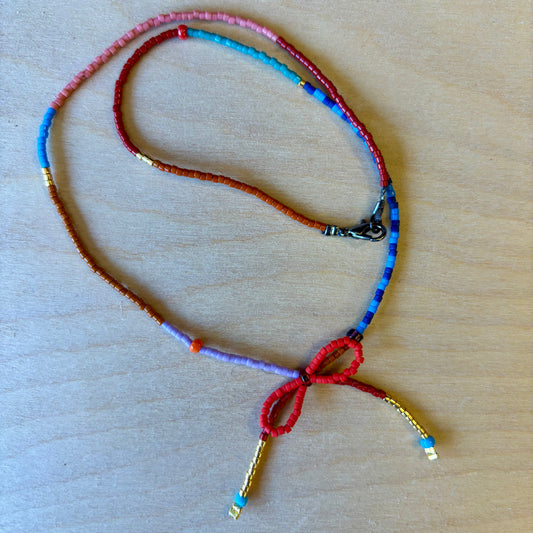 Beaded Bow Necklace - Red