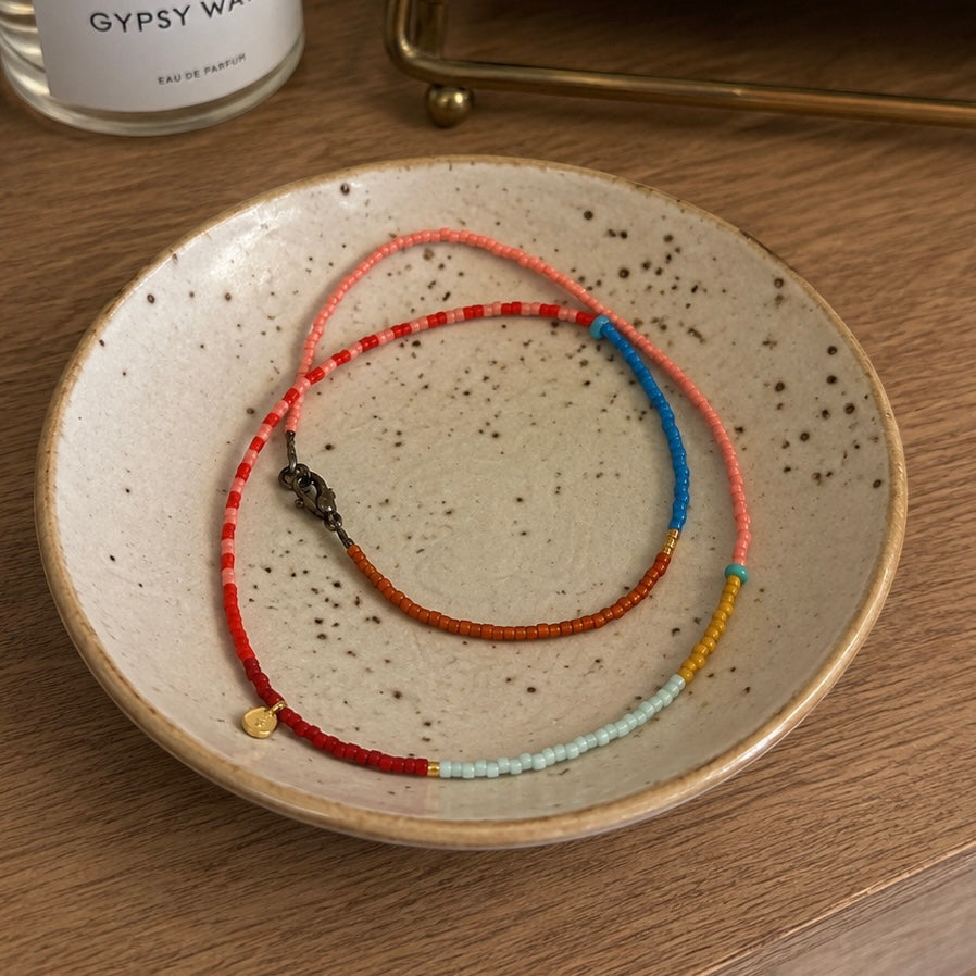 Beaded Colour Bloked Necklace- Red