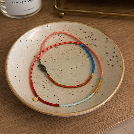 Beaded Colour Bloked Necklace- Red