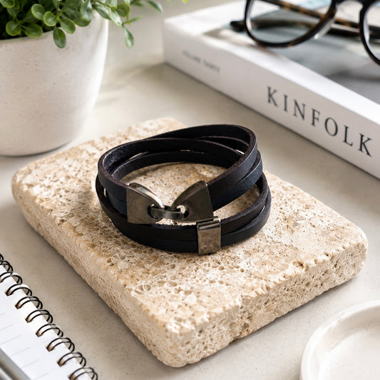 Double Wrap Leather Bracelet - Brown/Navy