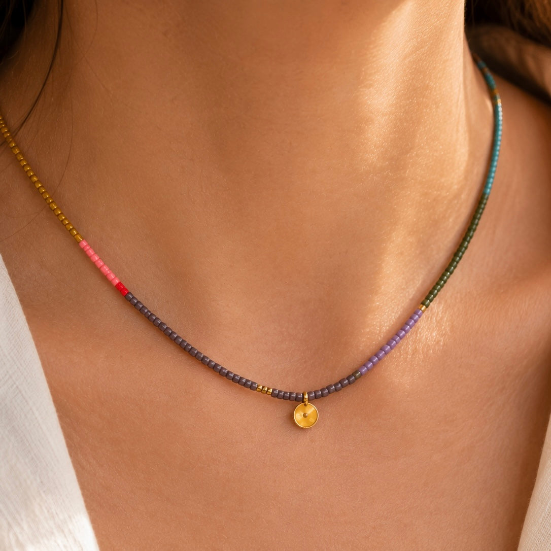 Beaded Colour Bloked Necklace- Grey