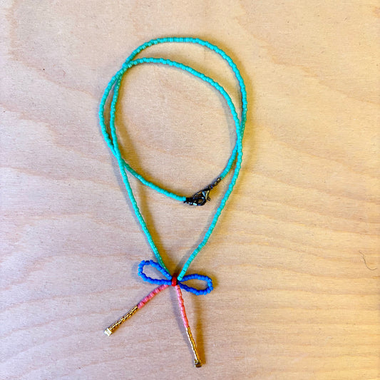 Beaded Bow Necklace - Blue