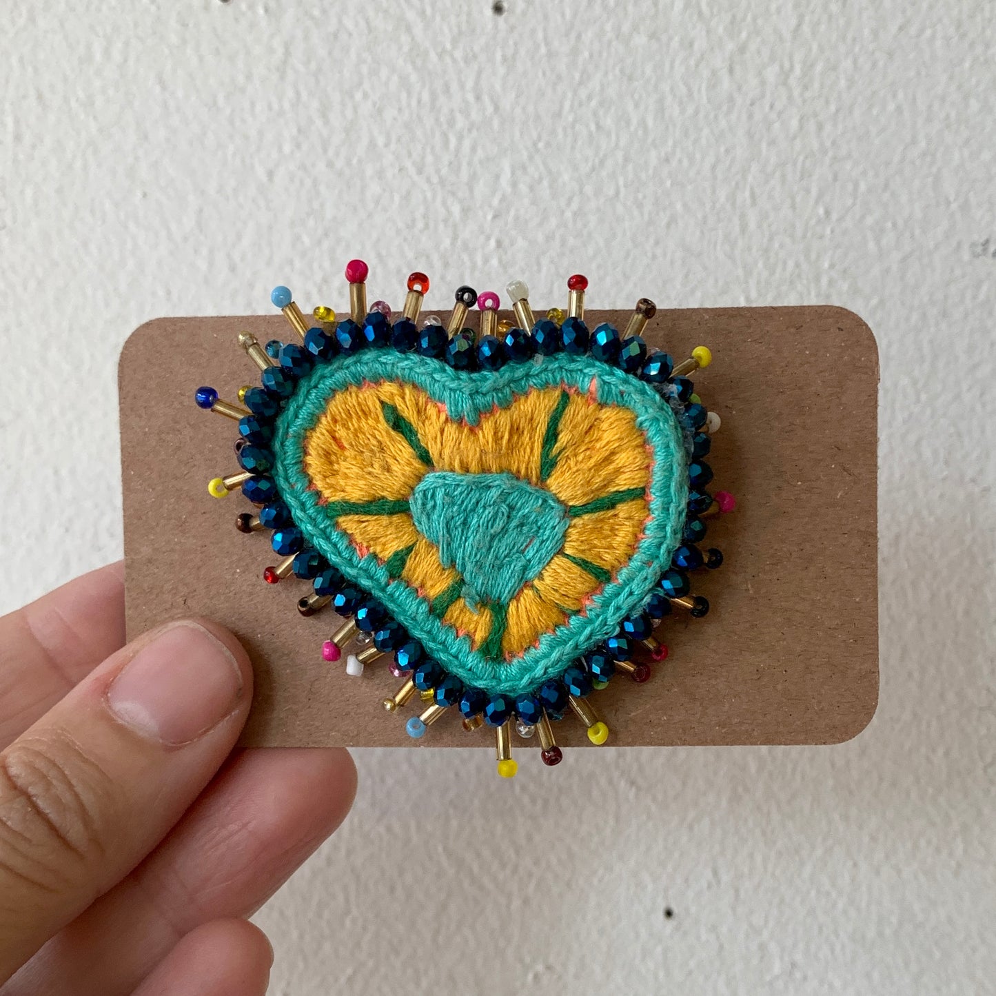 Embroidered/Beaded Brooch - Teal Heart
