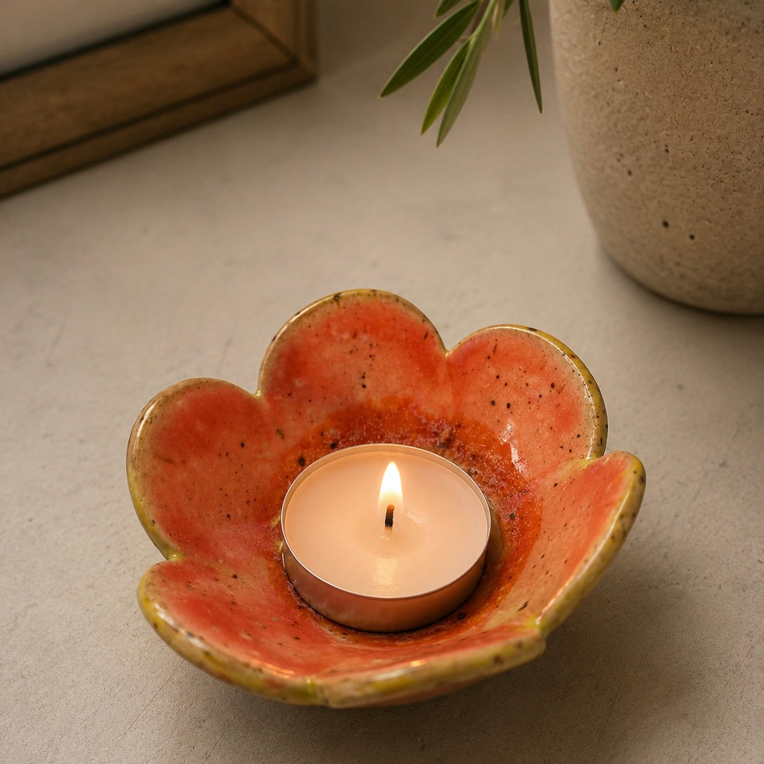 Floral Tealight/Trinket Dish - Tangerine