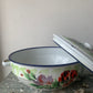 Vintage Lucky Elephant Chinese White Floral Enamel Casserole Rice Dish Pot w Lid