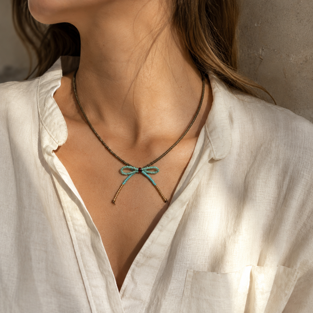 Beaded Bow Necklace - Turquoise