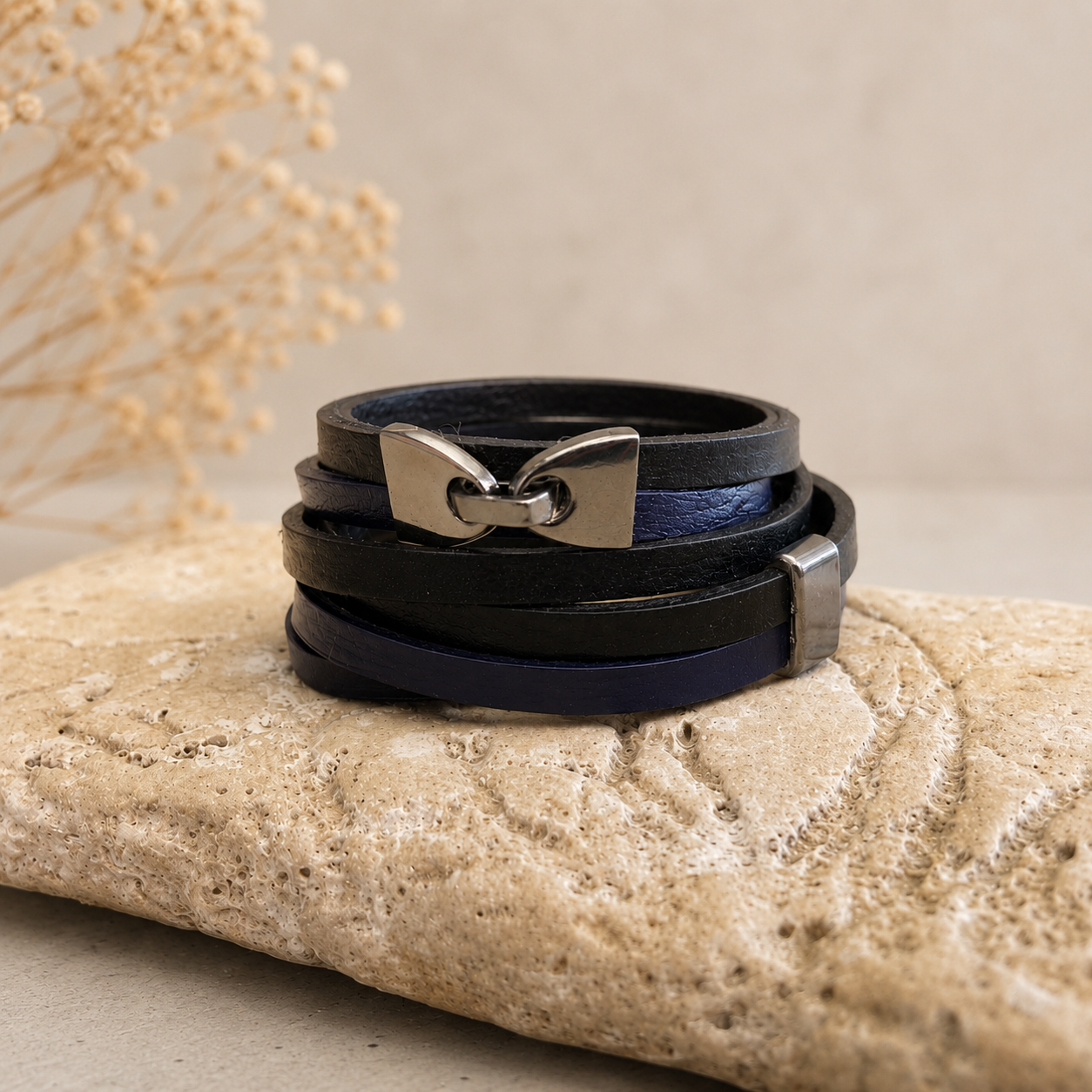 Triple Wrap Leather Bracelet- Black/Purple