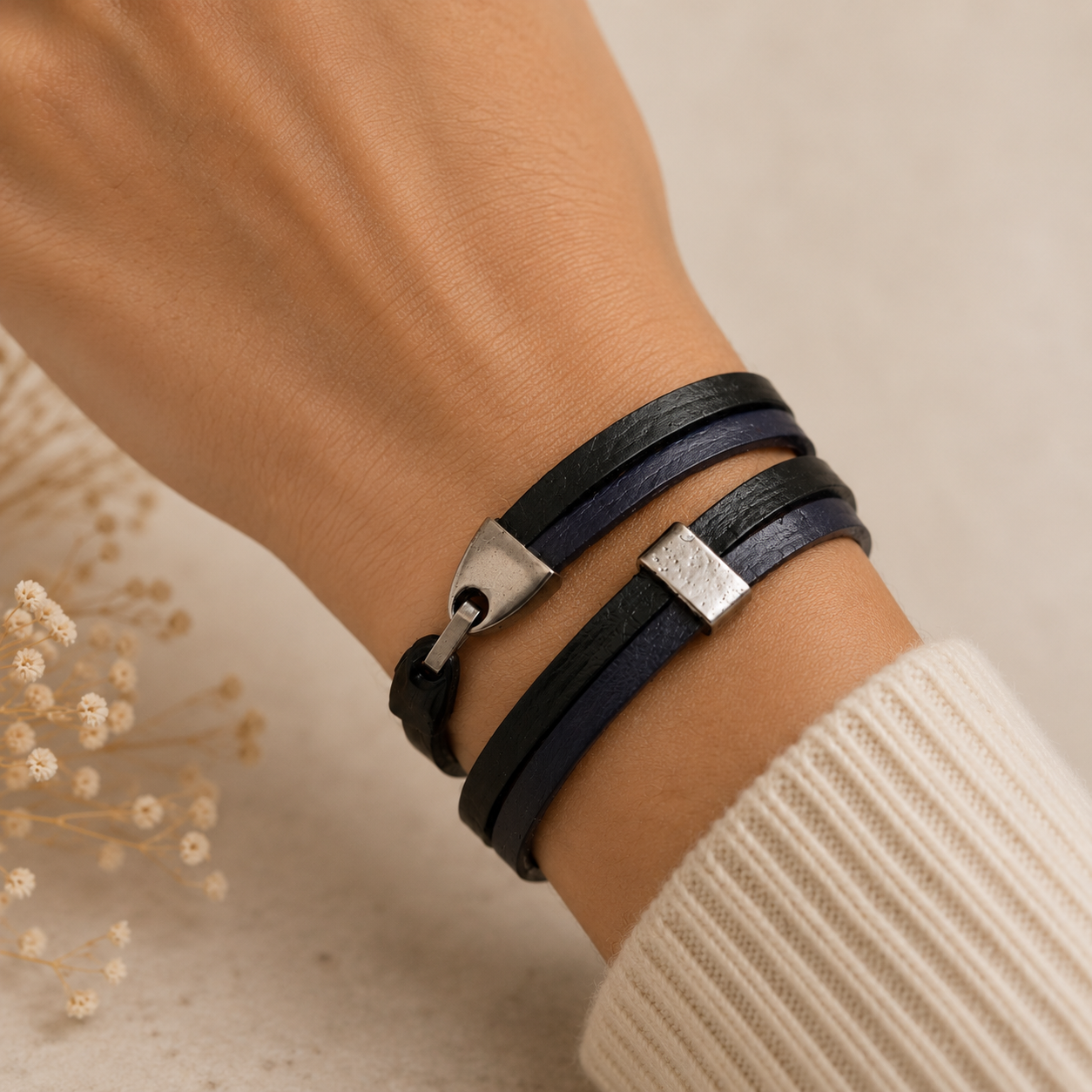 Triple Wrap Leather Bracelet- Black/Purple