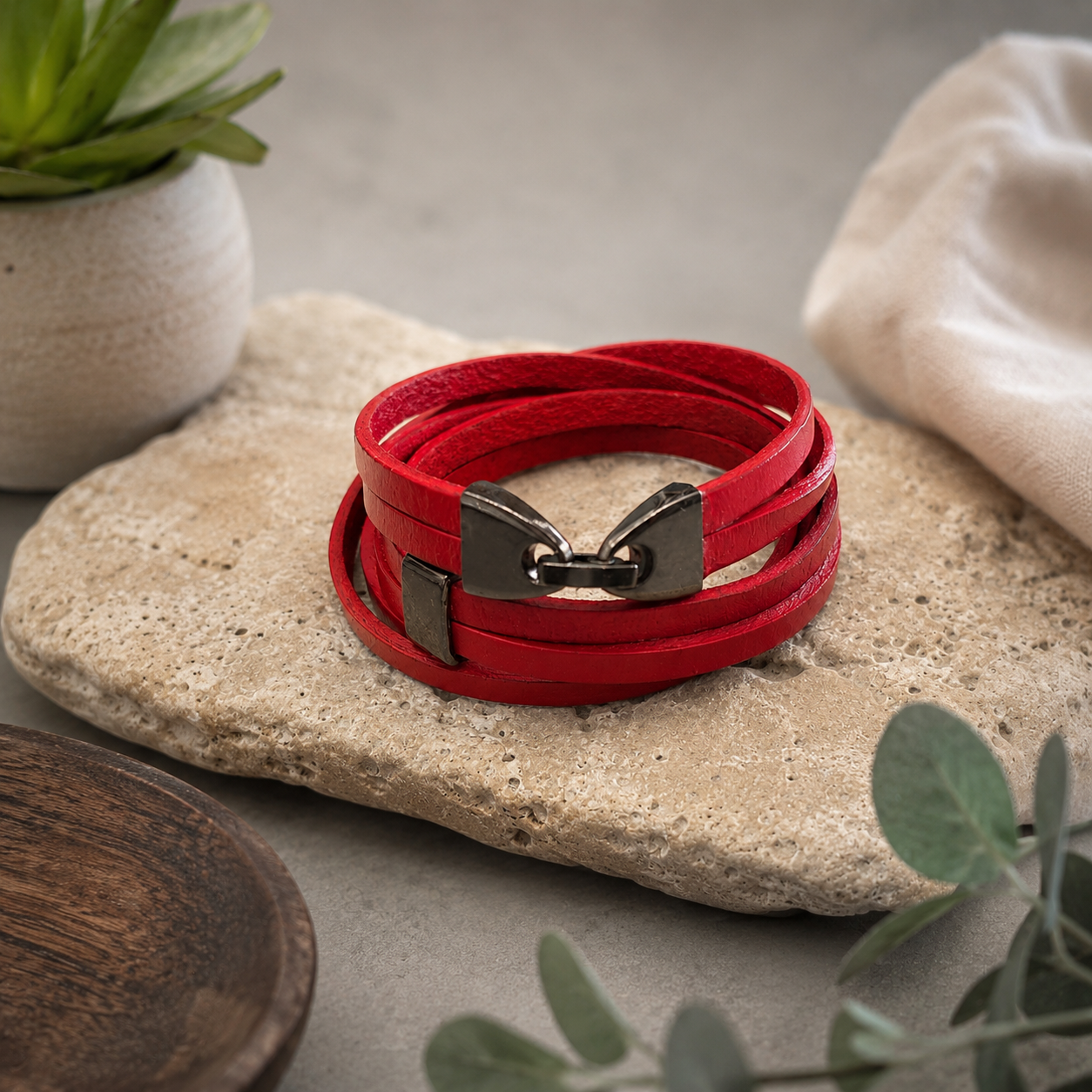 Triple Wrap Leather Bracelet - Red