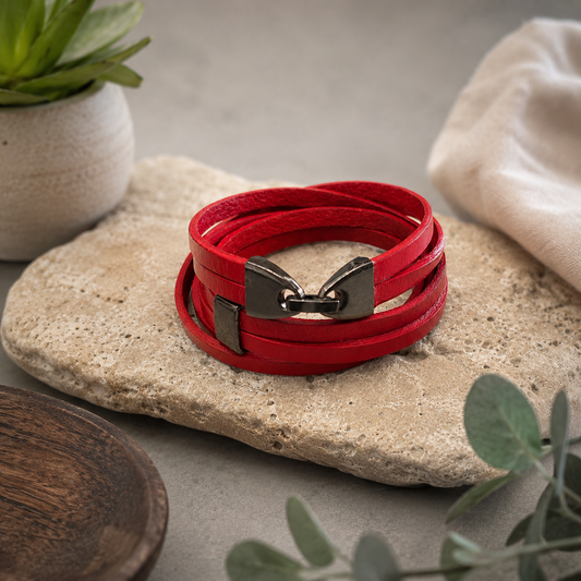 Triple Wrap Leather Bracelet - Red