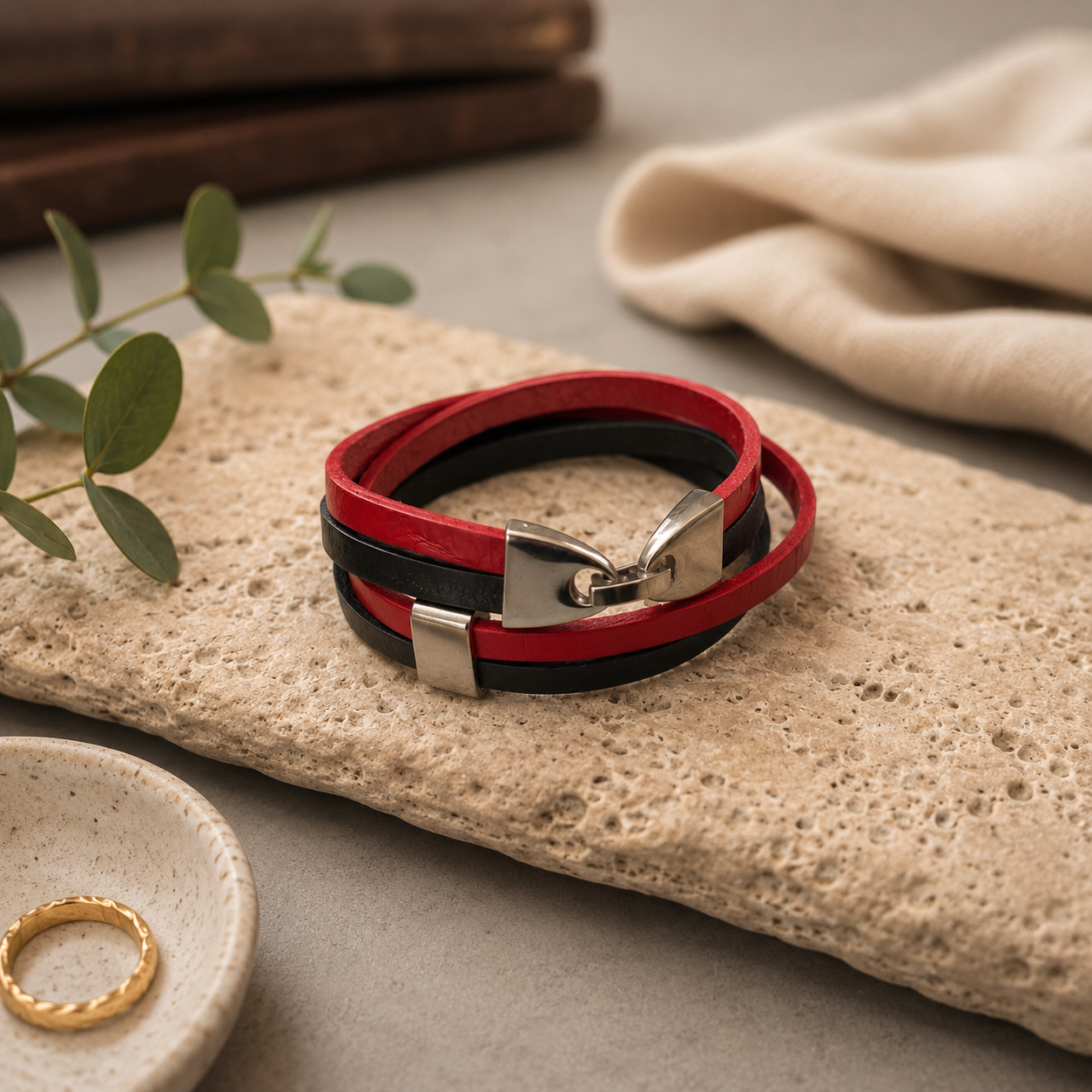 Double Wrap Leather Bracelet - Red/Navy