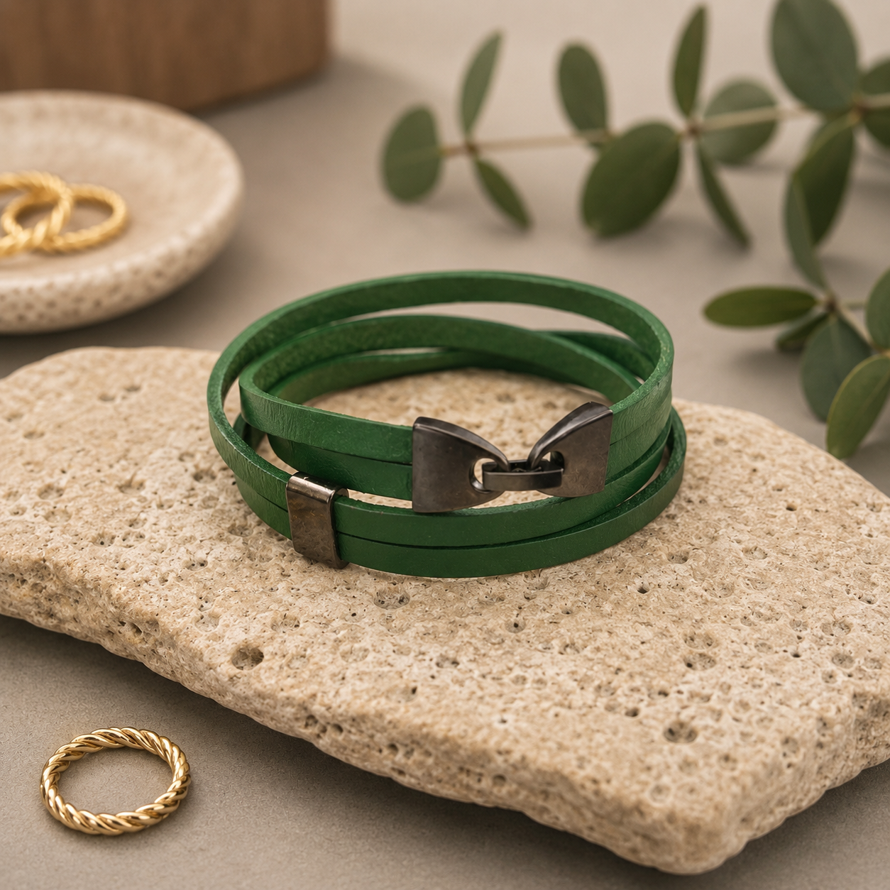 Double Wrap Leather Bracelet - Green