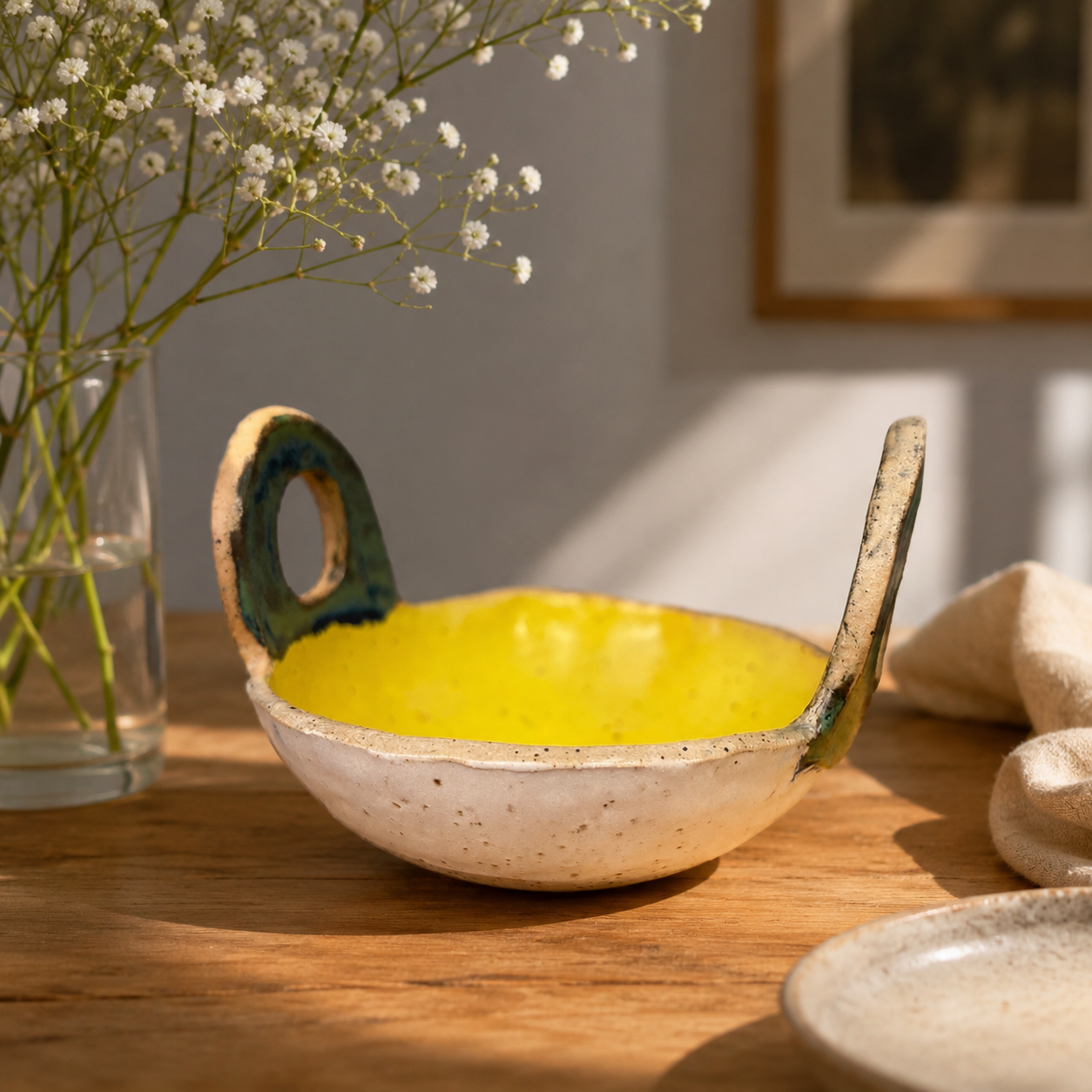 Yellow Stoneware Bowl with Handles