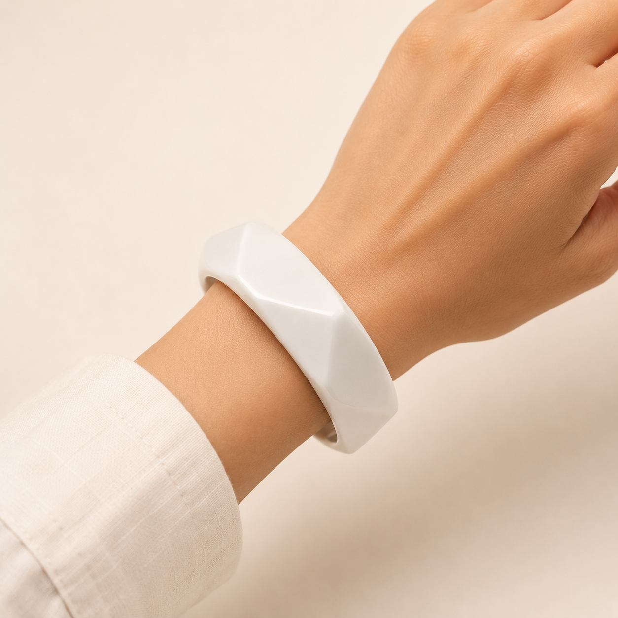 Hand Shaped Porcelain Bangle - Faceted/White