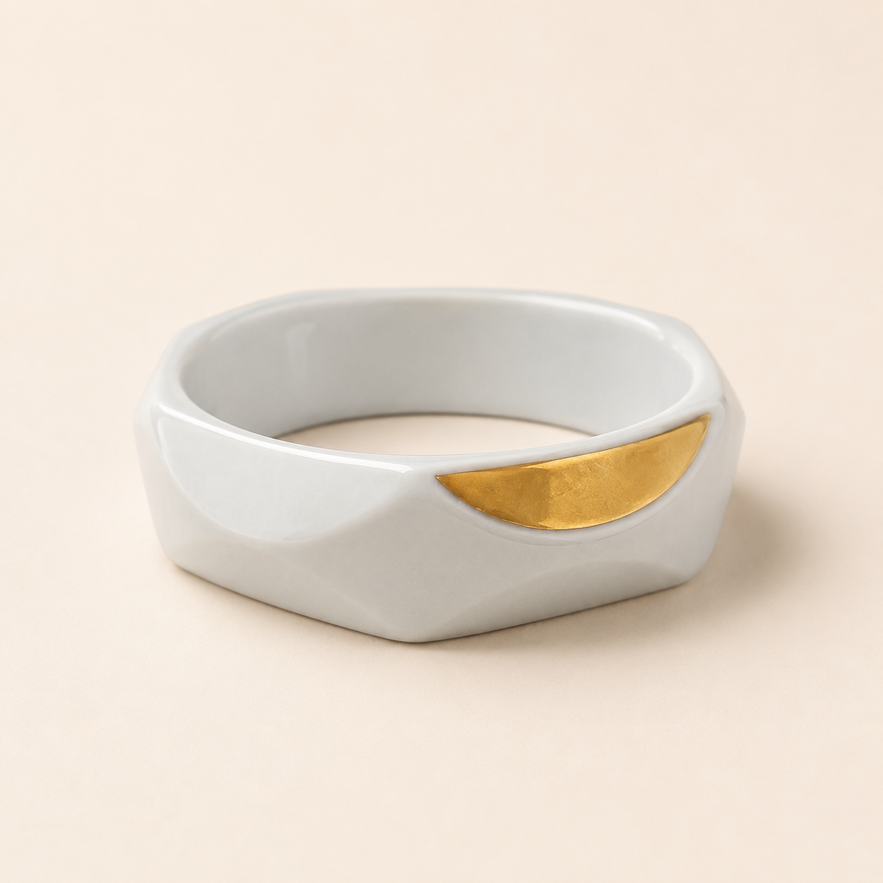 Hand Shaped Porcelain Bangle - Faceted/Grey/Gold