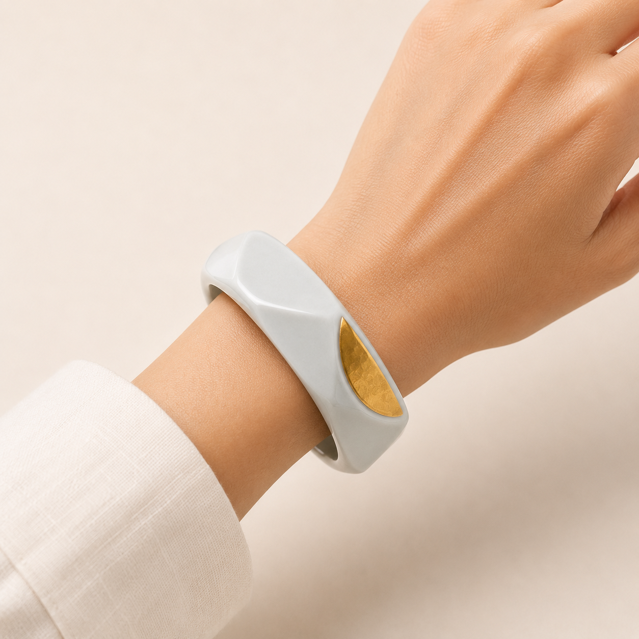 Hand Shaped Porcelain Bangle - Faceted/Grey/Gold