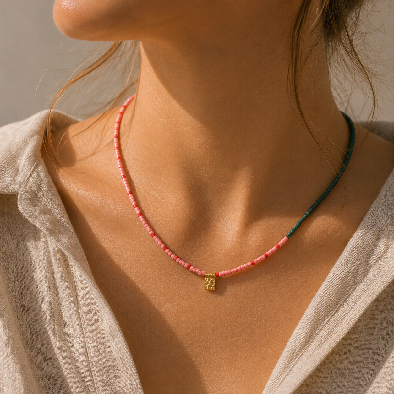 Beaded Colour Blocked Necklace- Teal/Pink/Red
